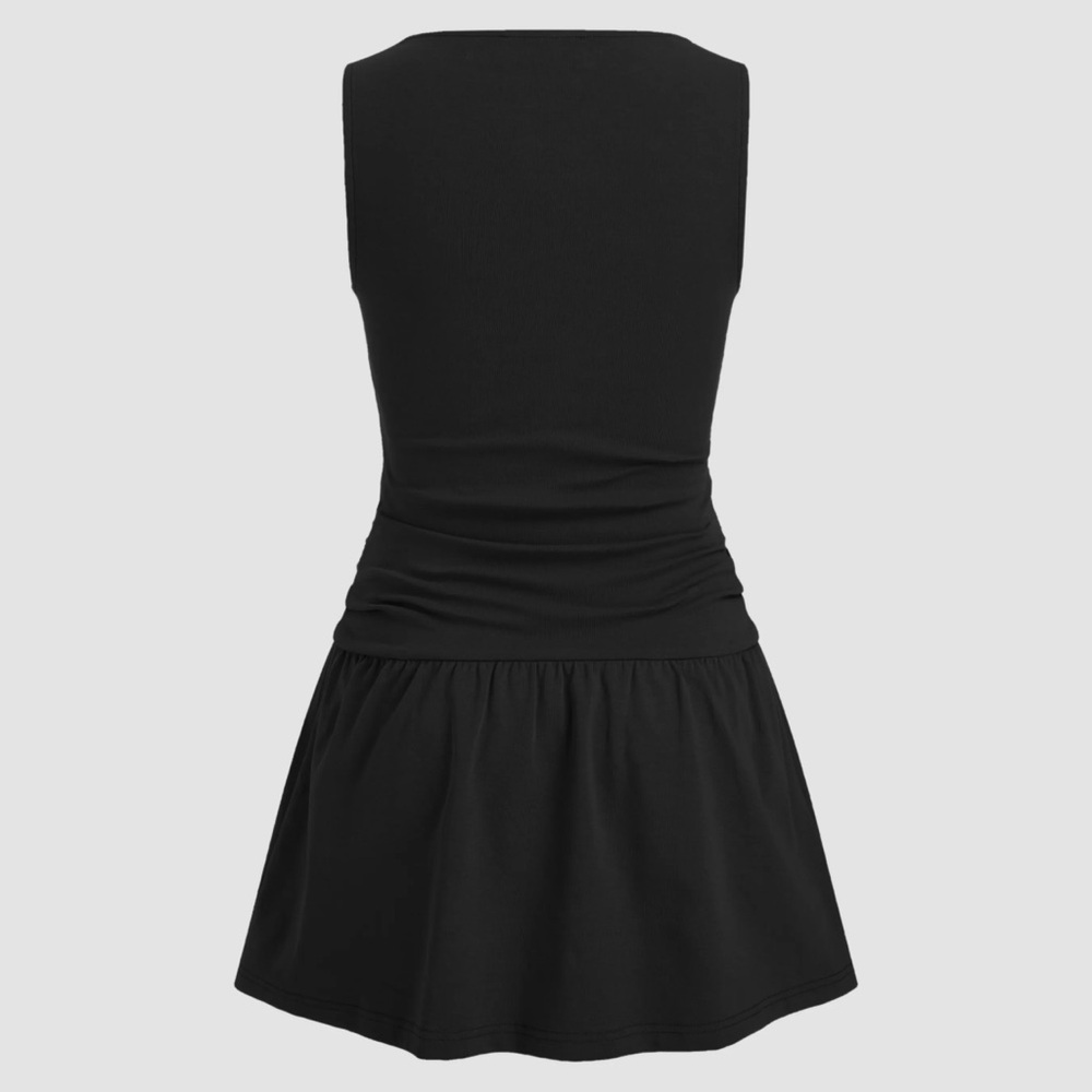 [NEW] ROUND NECKLINE RUCHED BLACK RUFFLE HEM MINI CAMI DRESS